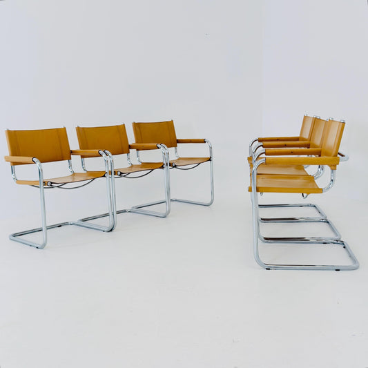 set of 6 Mid century Bauhaus Leather b34 armchairs by Mart Stam & Marcel Breuer for Fasem, Italy 1985