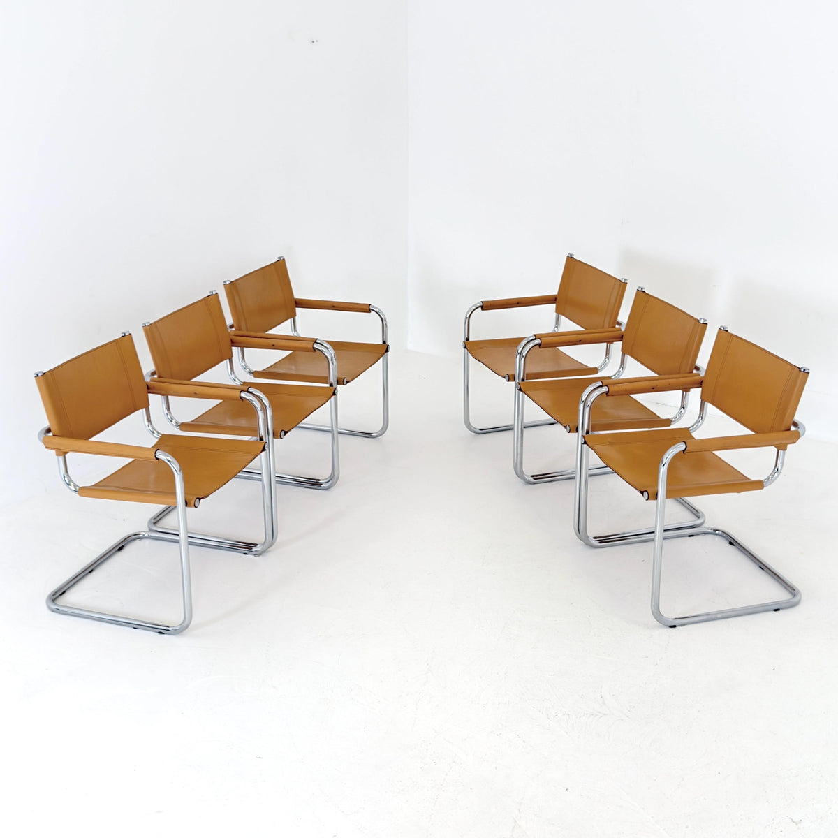 set of 6 Mid century Bauhaus Leather b34 armchairs by Mart Stam & Marcel Breuer for Fasem, Italy 1985