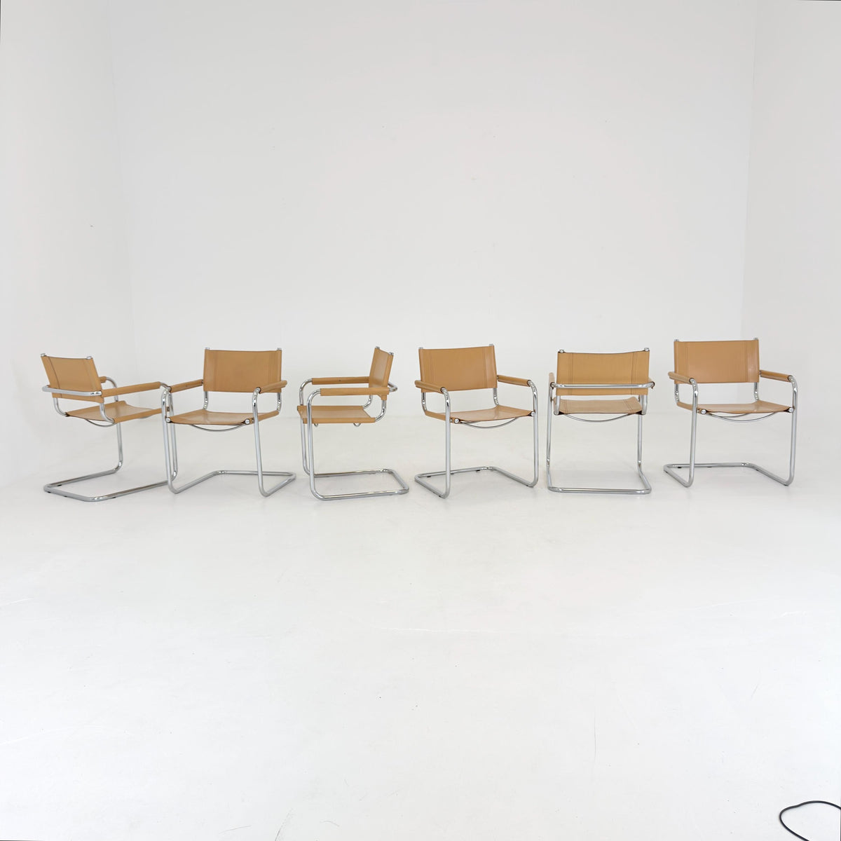 set of 6 Mid century Bauhaus Leather b34 armchairs by Mart Stam & Marcel Breuer for Fasem, Italy 1985