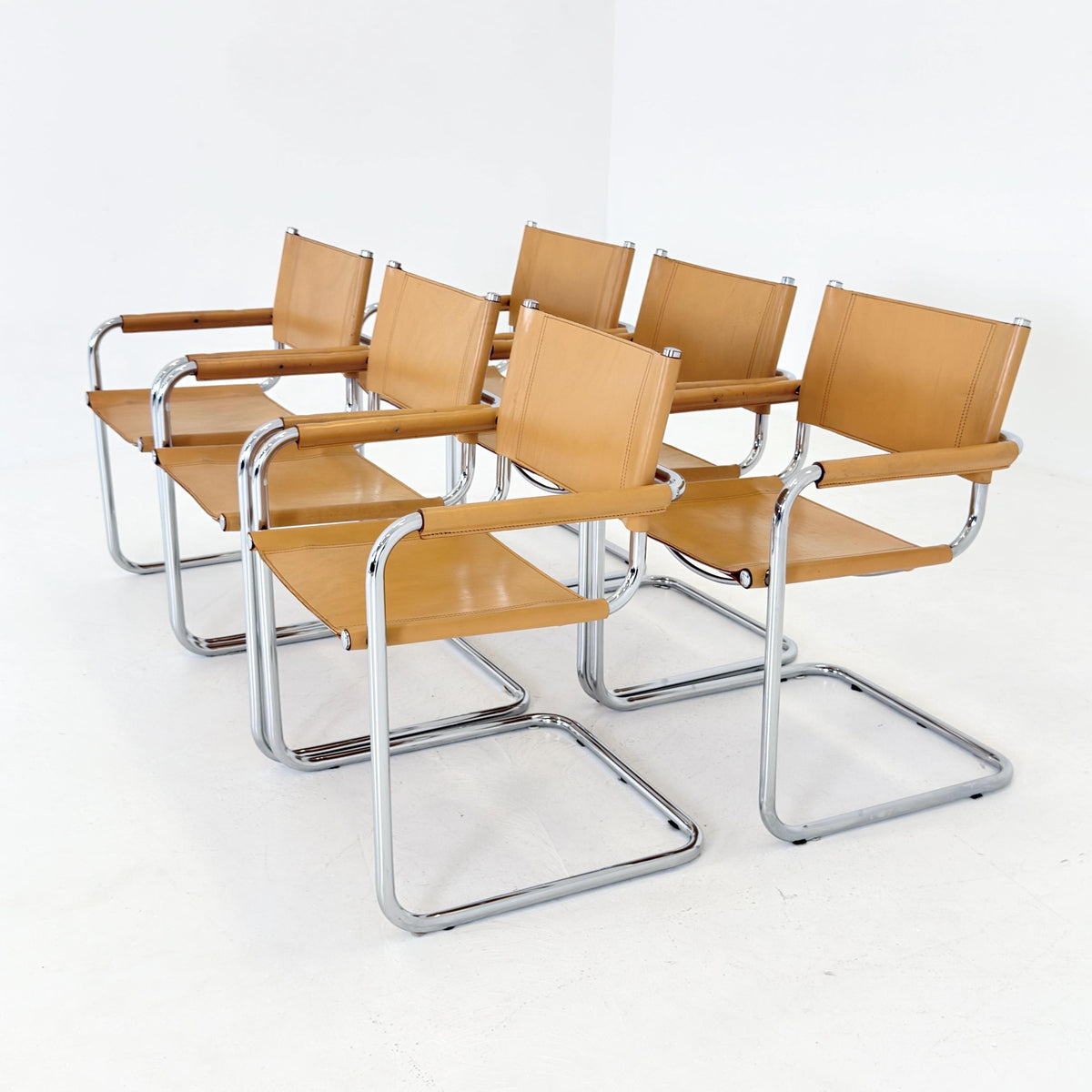set of 6 Mid century Bauhaus Leather b34 armchairs by Mart Stam & Marcel Breuer for Fasem, Italy 1985