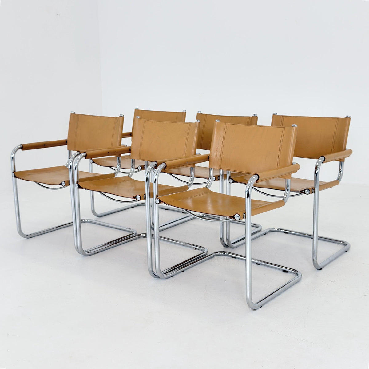 set of 6 Mid century Bauhaus Leather b34 armchairs by Mart Stam & Marcel Breuer for Fasem, Italy 1985