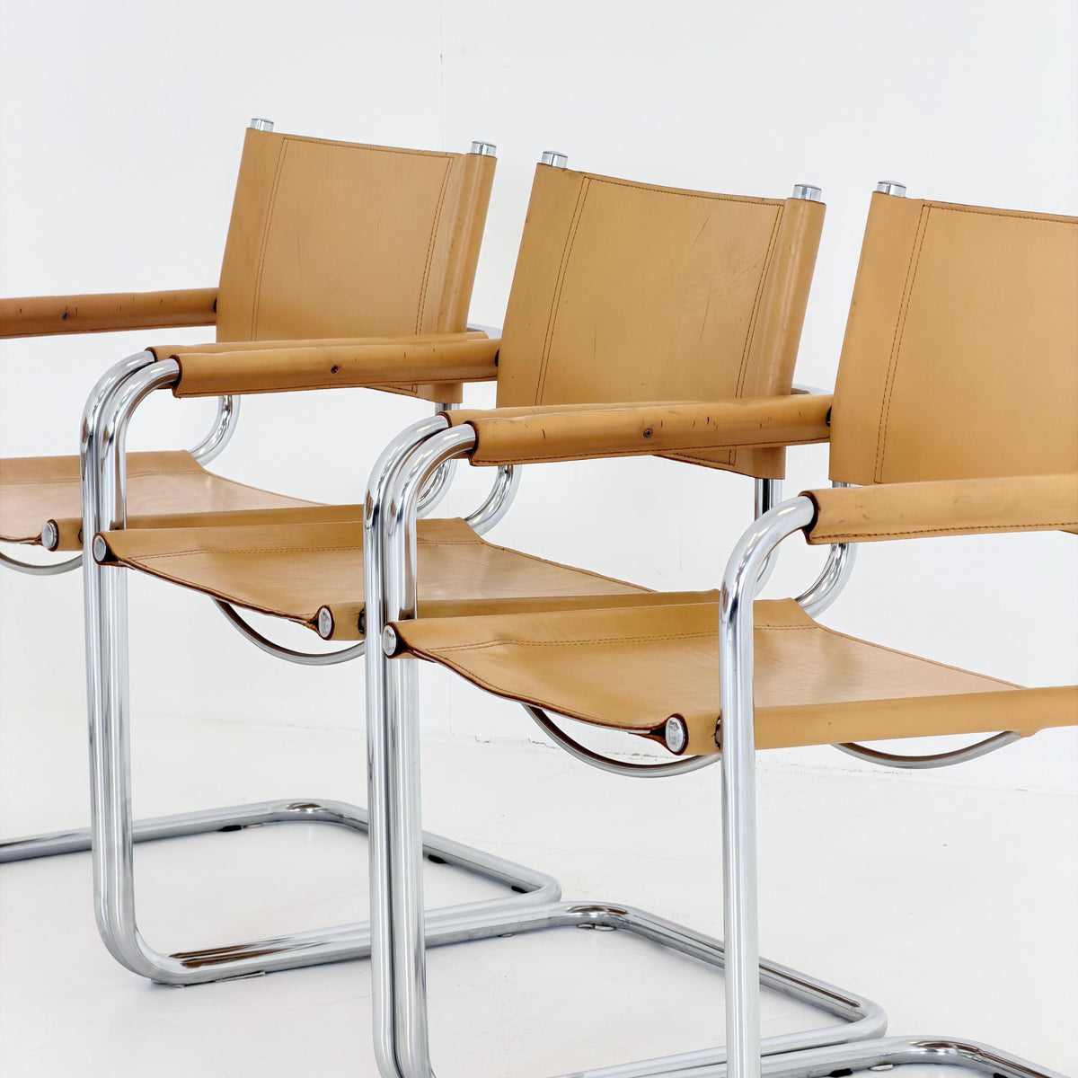 set of 6 Mid century Bauhaus Leather b34 armchairs by Mart Stam & Marcel Breuer for Fasem, Italy 1985