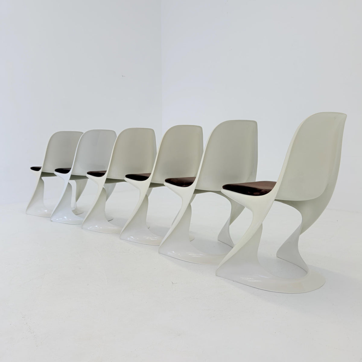 Set of 6 space age chairs model 200 by Alexander Begge for Casala original brown fabric upholstery 1970s Germany