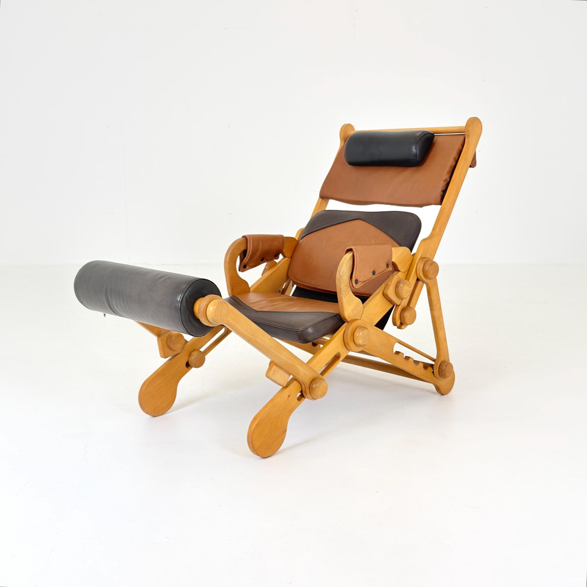 Rare Mid century Adjustable Reclining Lounge Chair – Leather & Beech Wood – IENA Award Label 1970s German