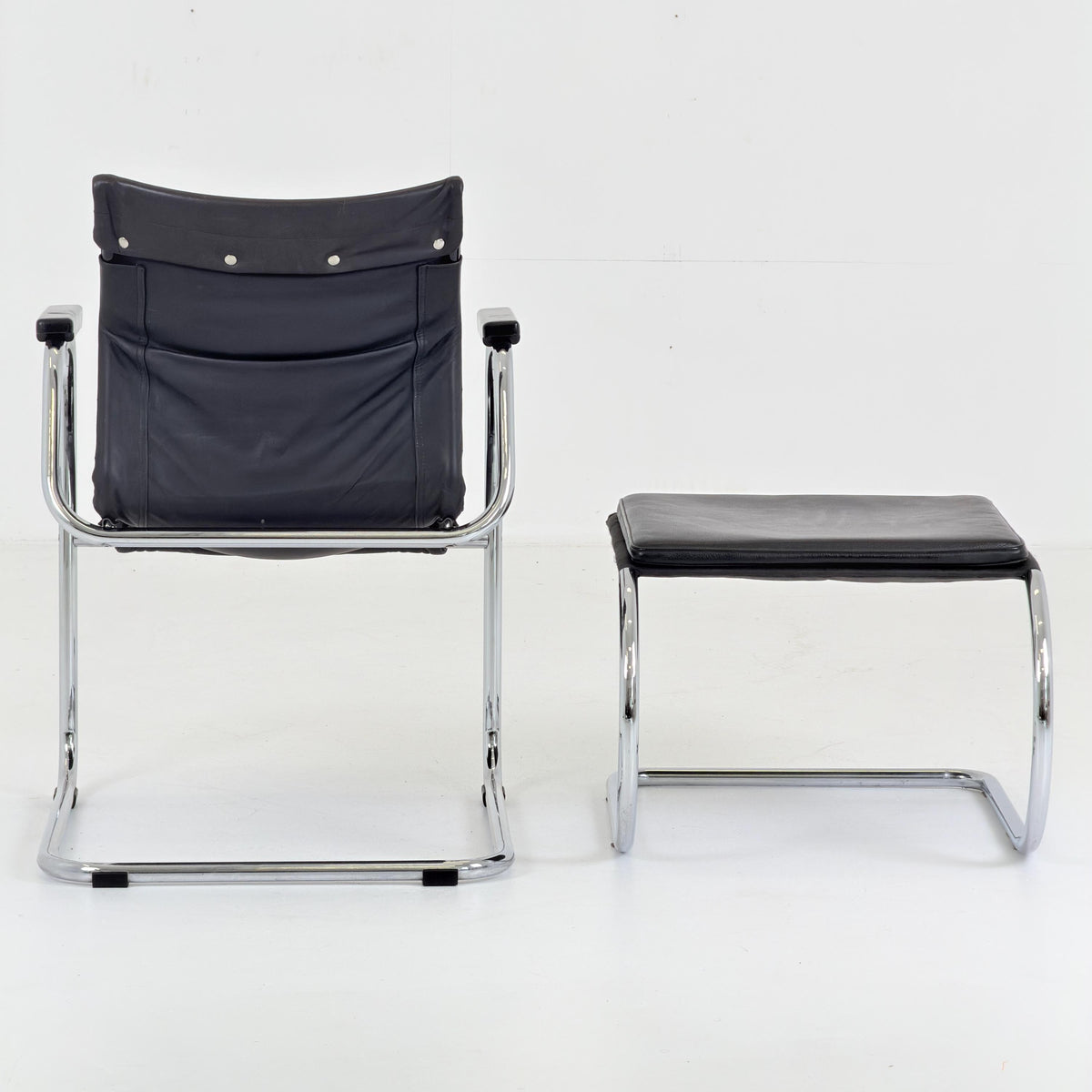 Mid Century Bauhaus Leather Armchair & Ottoman Set | 1980s Italy