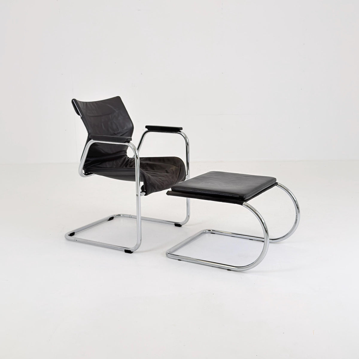Mid Century Bauhaus Leather Armchair & Ottoman Set | 1980s Italy