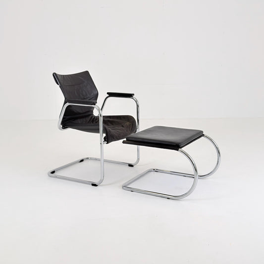 Mid Century Bauhaus Leather Armchair & Ottoman Set | 1980s Italy