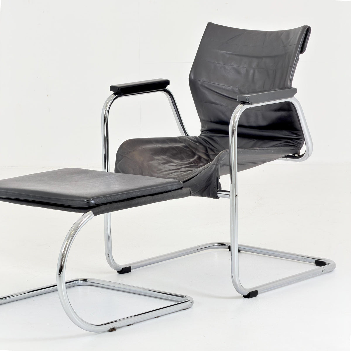 Mid Century Bauhaus Leather Armchair & Ottoman Set | 1980s Italy