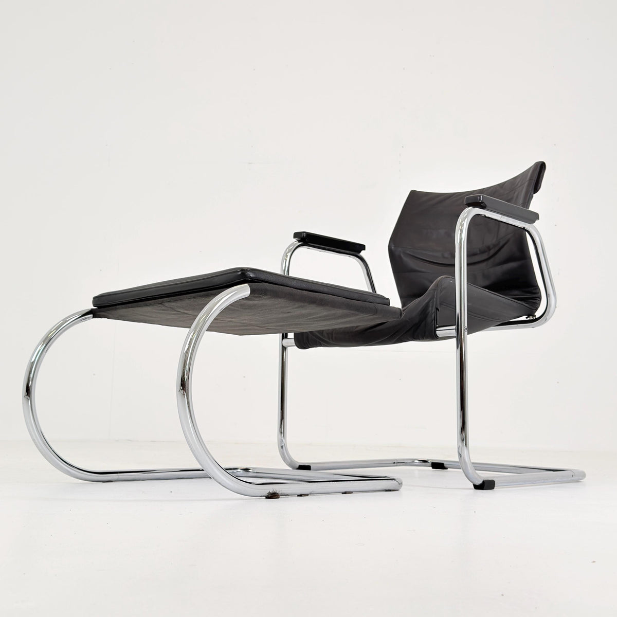 Mid Century Bauhaus Leather Armchair & Ottoman Set | 1980s Italy