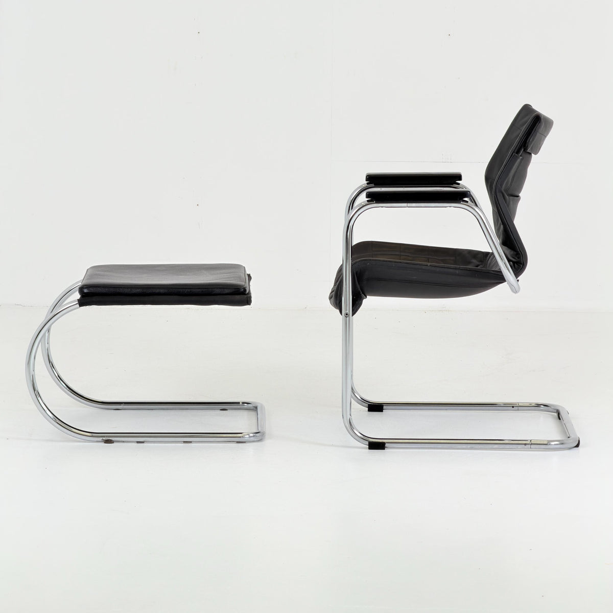 Mid Century Bauhaus Leather Armchair & Ottoman Set | 1980s Italy