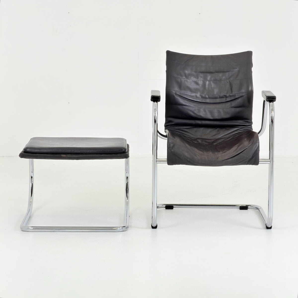 Mid Century Bauhaus Leather Armchair & Ottoman Set | 1980s Italy