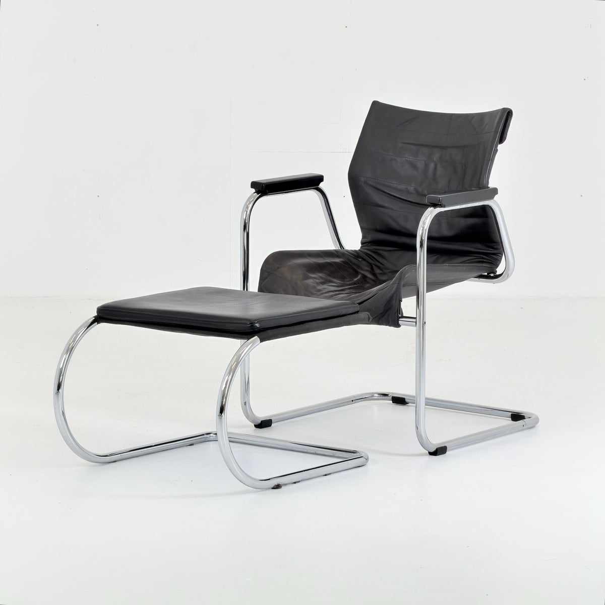 Mid Century Bauhaus Leather Armchair & Ottoman Set | 1980s Italy
