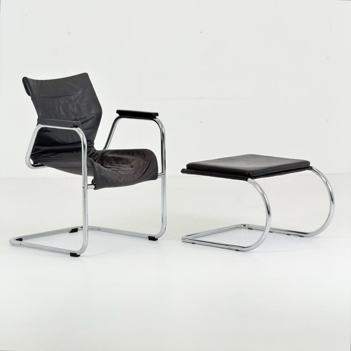 Mid Century Bauhaus Leather Armchair & Ottoman Set | 1980s Italy