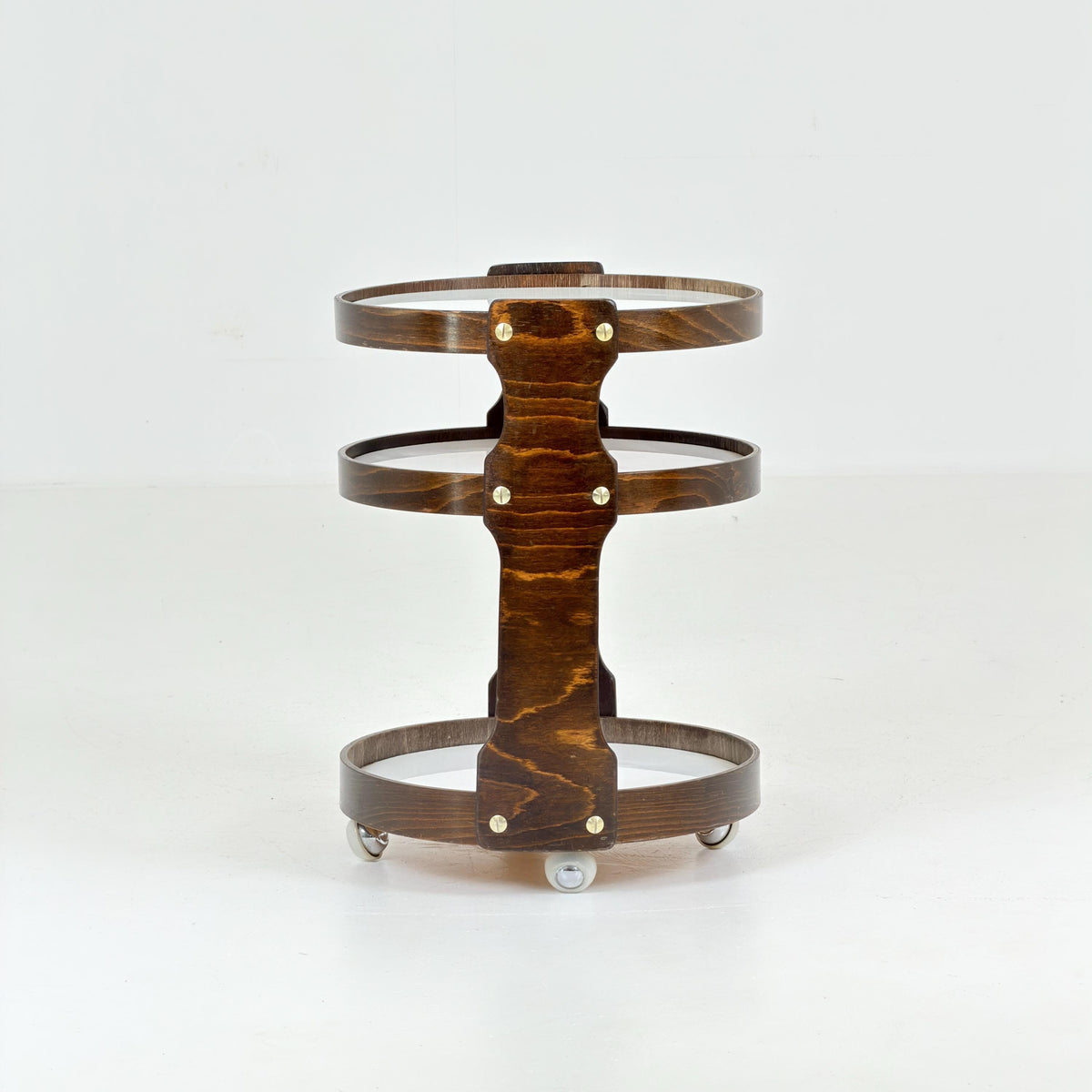 Mid-Century 3-Tier Round Wooden Serving Trolley | 1970s German Bar Cart | Vintage Side Table | Space Age Drinks Cart