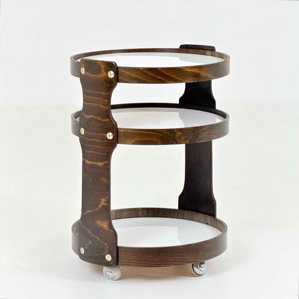 Mid-Century 3-Tier Round Wooden Serving Trolley | 1970s German Bar Cart | Vintage Side Table | Space Age Drinks Cart