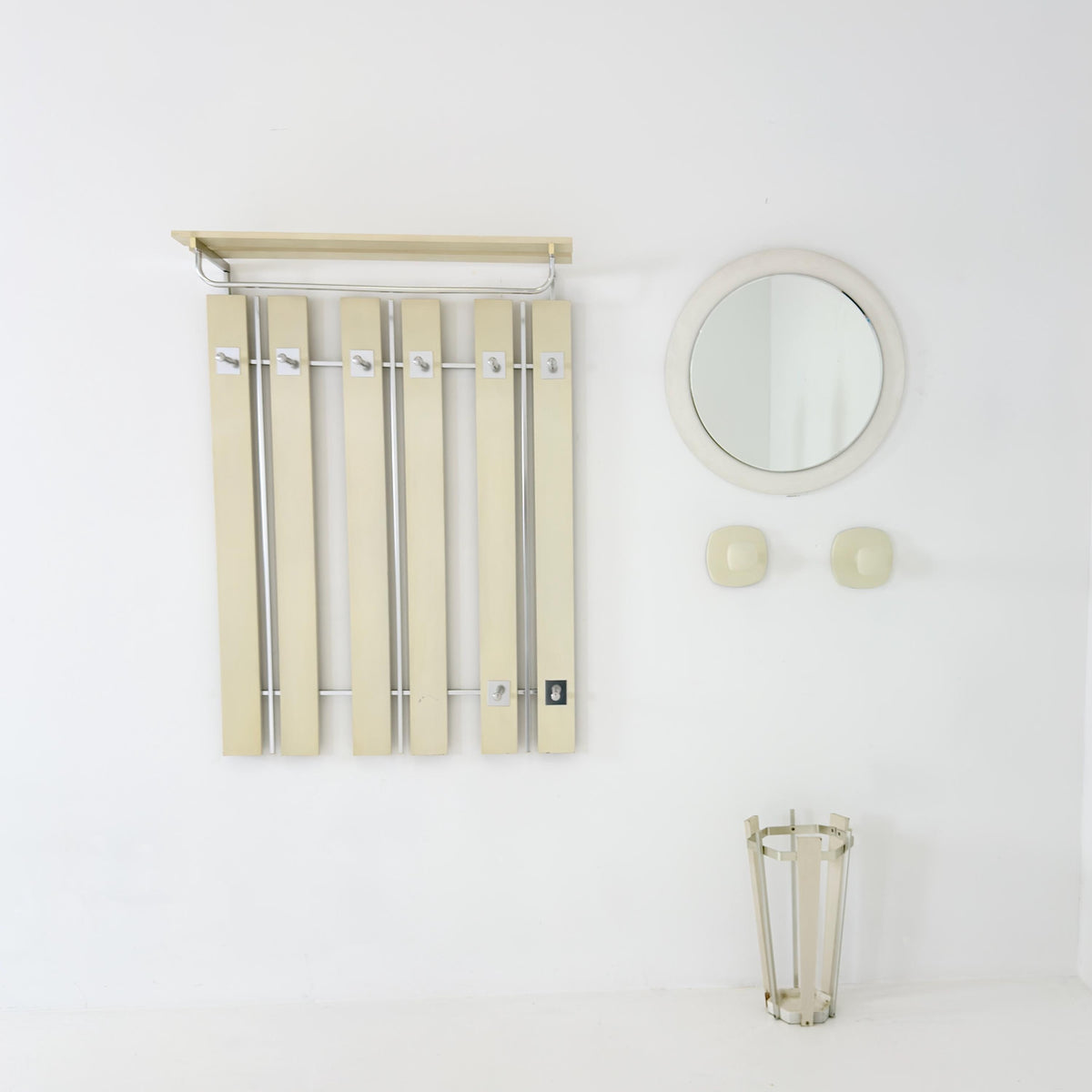 Mid Century Wall Wardrobe & Mirror Set, Entryway Coat Rack, Chrome - White Wood, Vintage Hallway Set, Umbrella Stand 1970s Germany