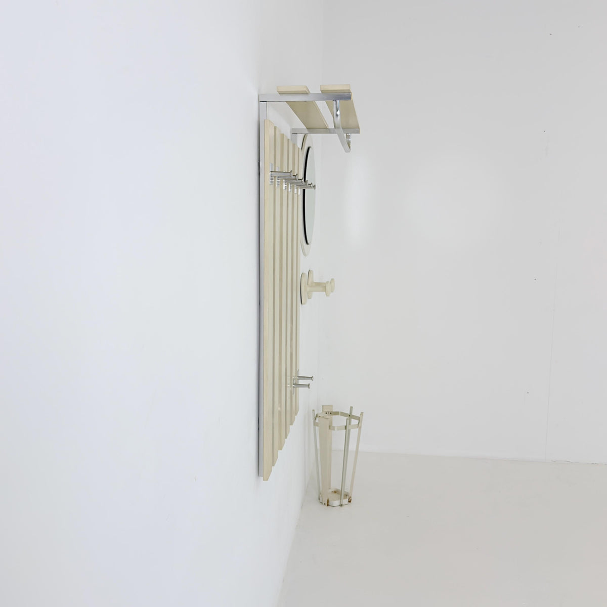 Mid Century Wall Wardrobe & Mirror Set, Entryway Coat Rack, Chrome - White Wood, Vintage Hallway Set, Umbrella Stand 1970s Germany