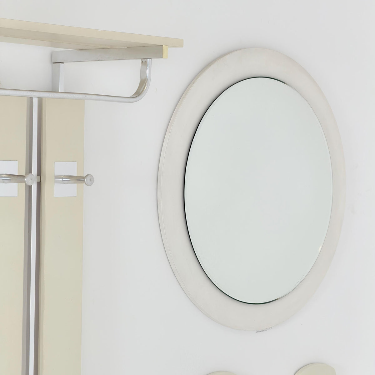 Mid Century Wall Wardrobe & Mirror Set, Entryway Coat Rack, Chrome - White Wood, Vintage Hallway Set, Umbrella Stand 1970s Germany