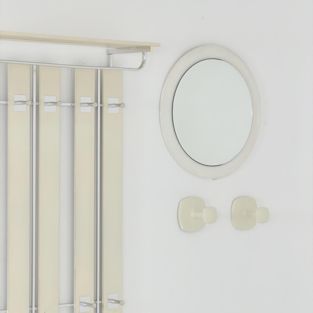 Mid Century Wall Wardrobe & Mirror Set, Entryway Coat Rack, Chrome - White Wood, Vintage Hallway Set, Umbrella Stand 1970s Germany