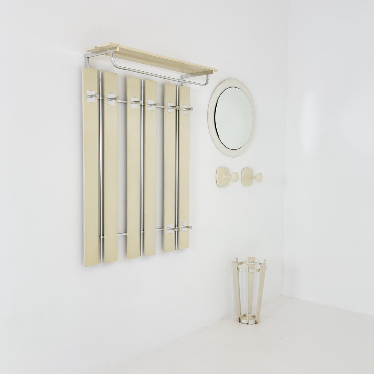 Mid Century Wall Wardrobe & Mirror Set, Entryway Coat Rack, Chrome - White Wood, Vintage Hallway Set, Umbrella Stand 1970s Germany
