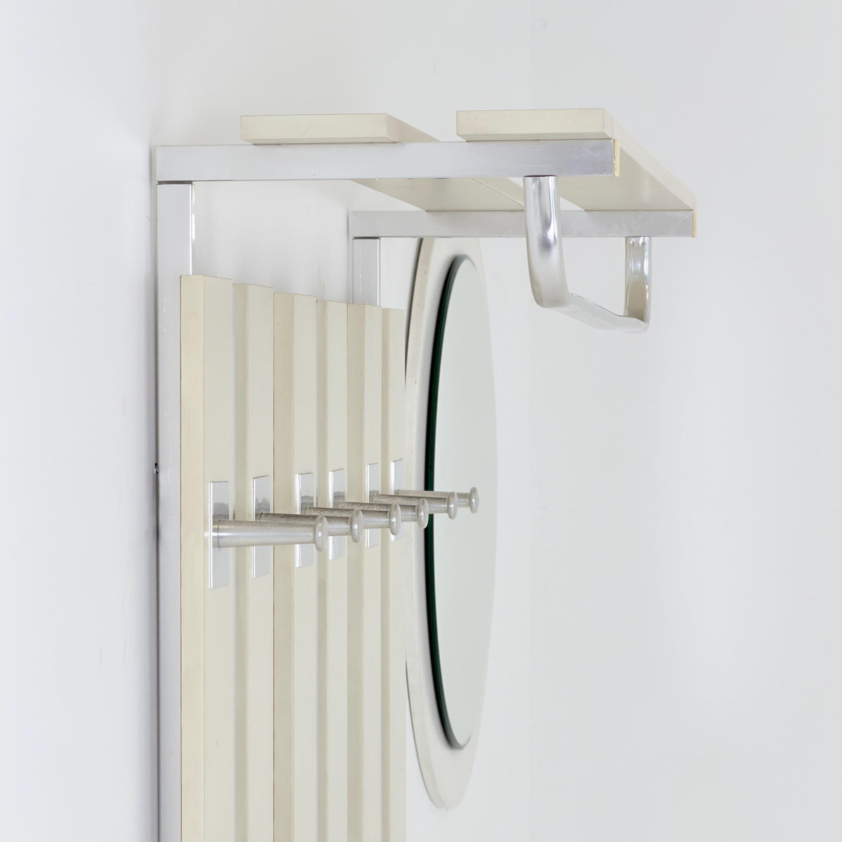 Mid Century Wall Wardrobe & Mirror Set, Entryway Coat Rack, Chrome - White Wood, Vintage Hallway Set, Umbrella Stand 1970s Germany