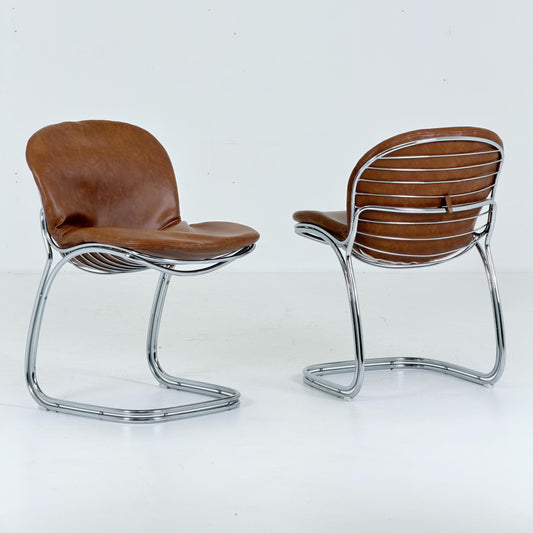 1 of 2 Mid century Bauhaus cognac leather Sabrina dining chair by Gaston’s Rinaldi for Rima Linea ,1970s Italy