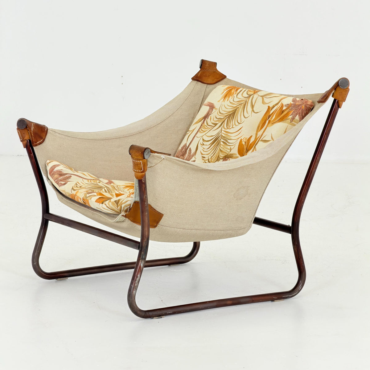 Mid Century Scandinavian Tormod Alnaes Trega Lounge Chair, 1970s Norwegian Design, Vintage Canvas & Floral Fabric Armchair,
