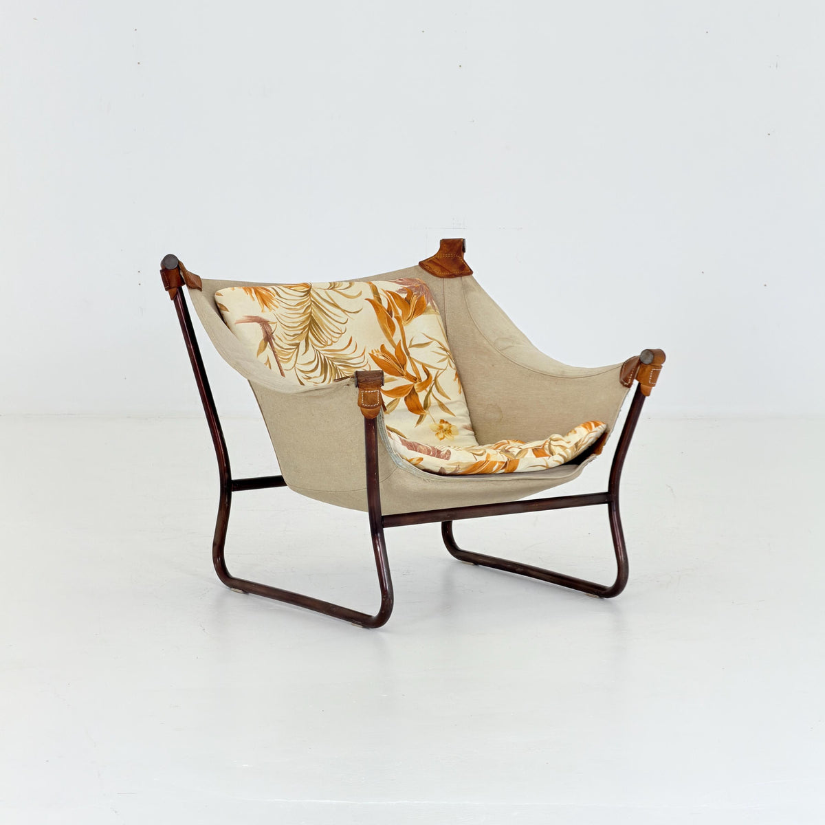 Mid Century Scandinavian Tormod Alnaes Trega Lounge Chair, 1970s Norwegian Design, Vintage Canvas & Floral Fabric Armchair,