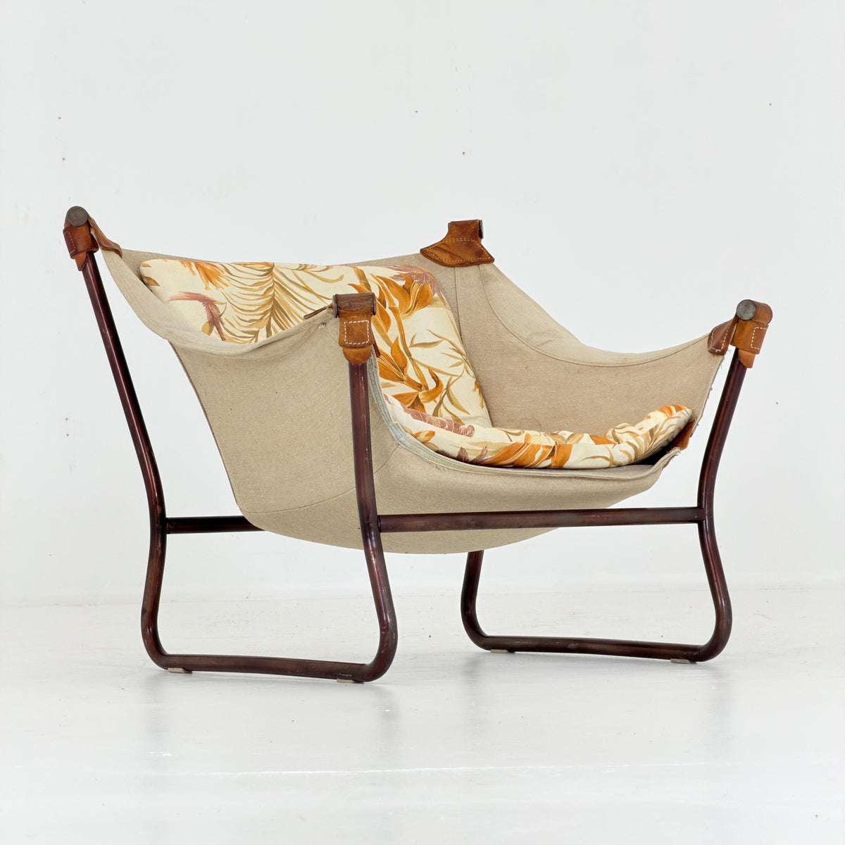 Mid Century Scandinavian Tormod Alnaes Trega Lounge Chair, 1970s Norwegian Design, Vintage Canvas & Floral Fabric Armchair,