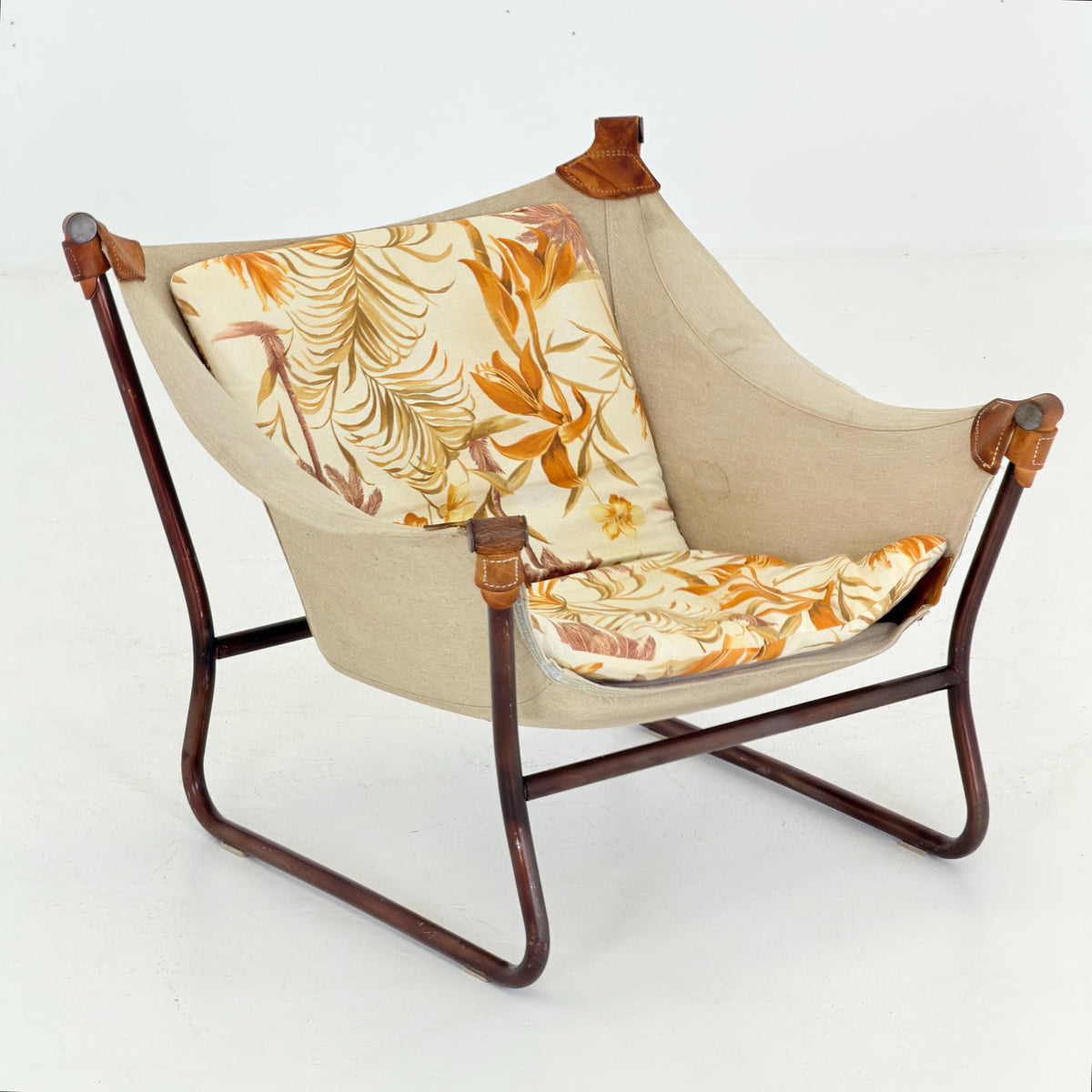 Mid Century Scandinavian Tormod Alnaes Trega Lounge Chair, 1970s Norwegian Design, Vintage Canvas & Floral Fabric Armchair,