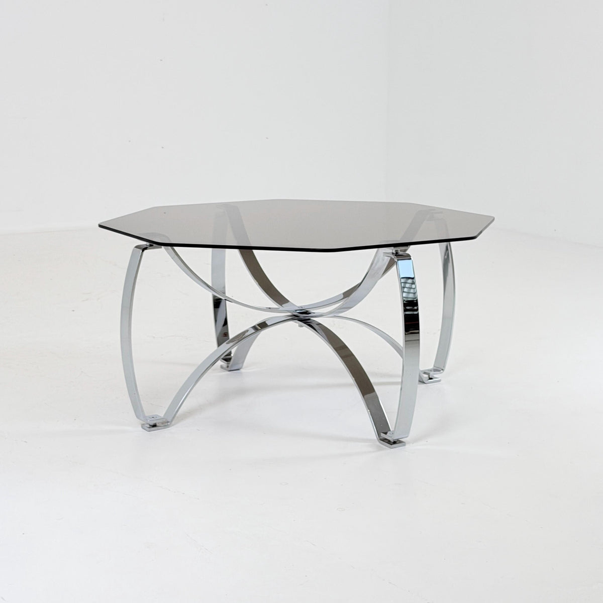 Rare Mid-Century Bauhaus Smoked Glass Coffee Table, Italian Chrome Sculptural Base, 1980s