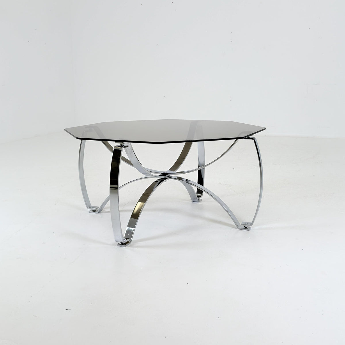 Rare Mid-Century Bauhaus Smoked Glass Coffee Table, Italian Chrome Sculptural Base, 1980s