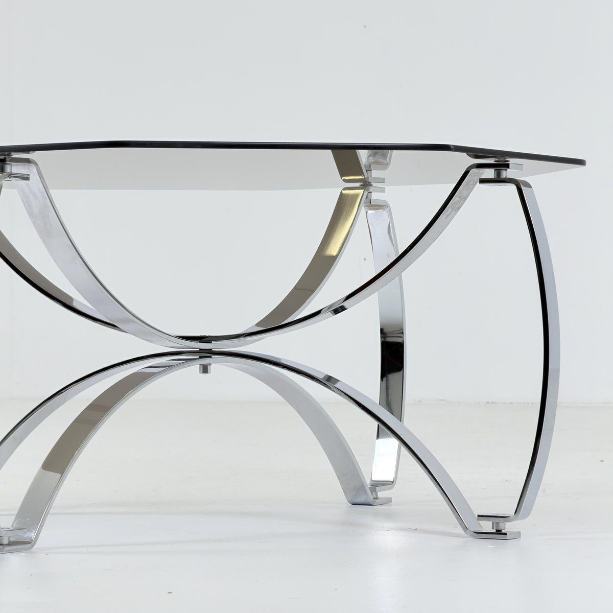 Rare Mid-Century Bauhaus Smoked Glass Coffee Table, Italian Chrome Sculptural Base, 1980s