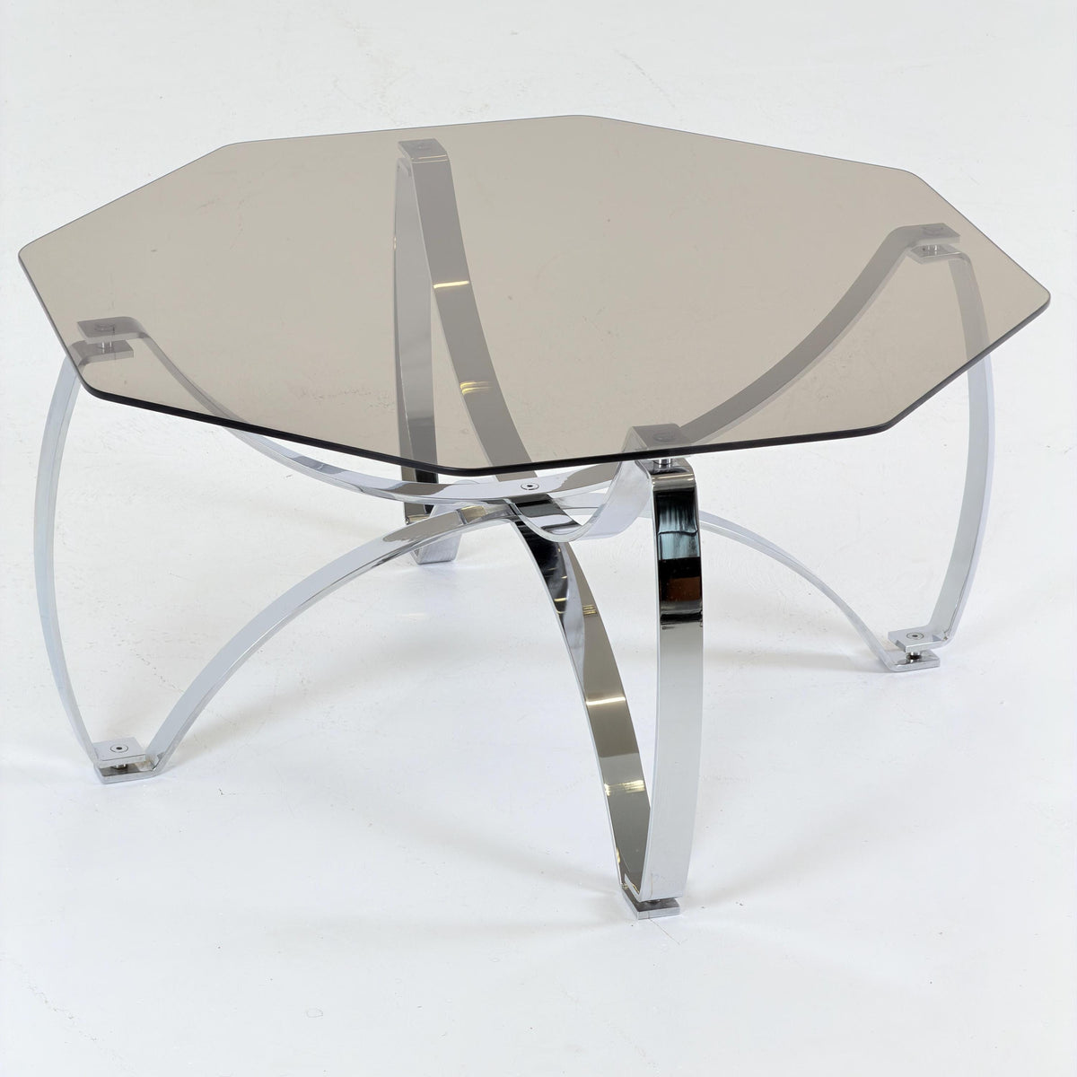 Rare Mid-Century Bauhaus Smoked Glass Coffee Table, Italian Chrome Sculptural Base, 1980s
