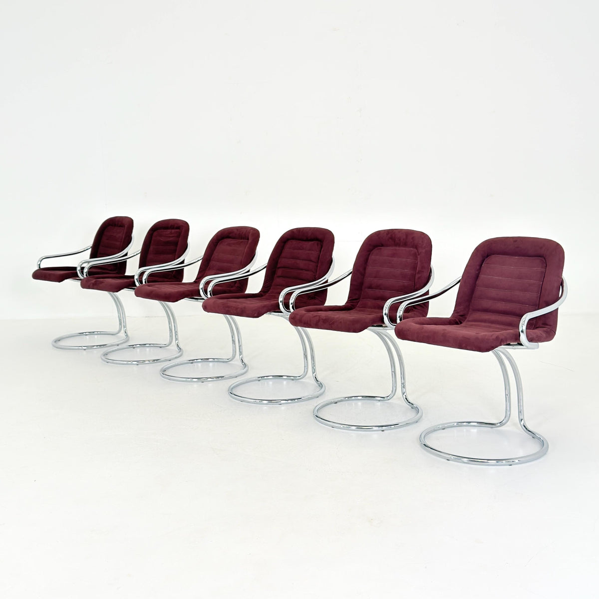 Set of 6 Mid century Cantilever Dining Chairs by Gastone Rinaldi Cantilever wine red – for RIMA Italy 1970s