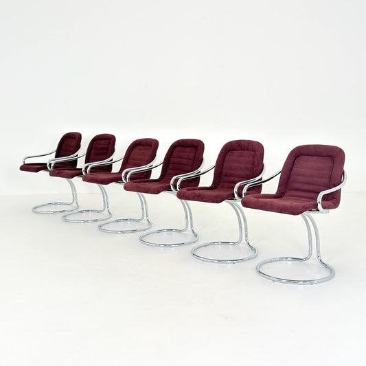 Set of 6 Mid century Cantilever Dining Chairs by Gastone Rinaldi Cantilever wine red – for RIMA Italy 1970s