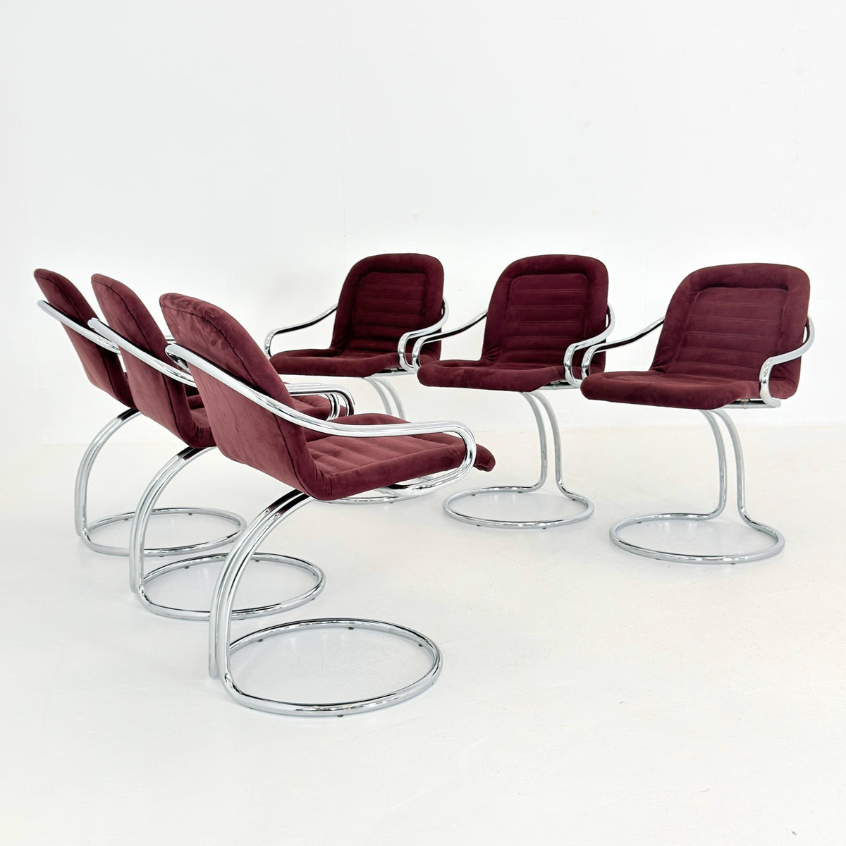 Set of 6 Mid century Cantilever Dining Chairs by Gastone Rinaldi Cantilever wine red – for RIMA Italy 1970s