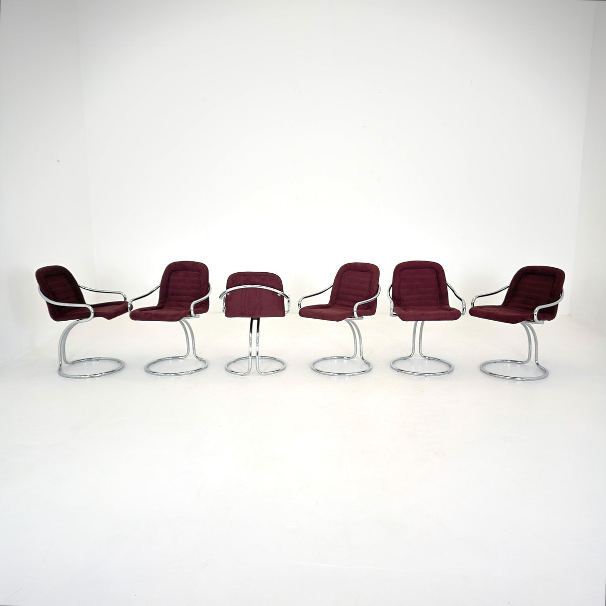 Set of 6 Mid century Cantilever Dining Chairs by Gastone Rinaldi Cantilever wine red – for RIMA Italy 1970s