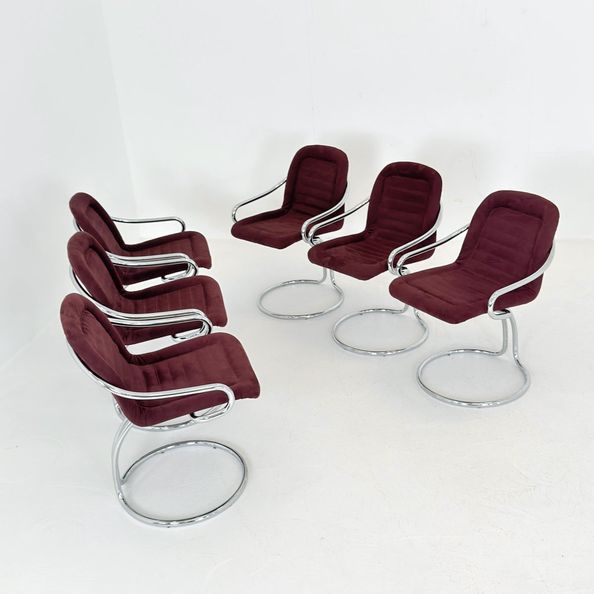 Set of 6 Mid century Cantilever Dining Chairs by Gastone Rinaldi Cantilever wine red – for RIMA Italy 1970s
