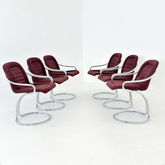 Set of 6 Mid century Cantilever Dining Chairs by Gastone Rinaldi Cantilever wine red – for RIMA Italy 1970s