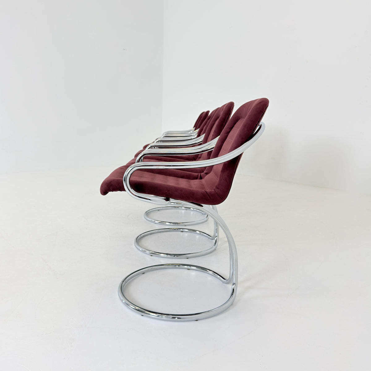 Set of 6 Mid century Cantilever Dining Chairs by Gastone Rinaldi Cantilever wine red – for RIMA Italy 1970s