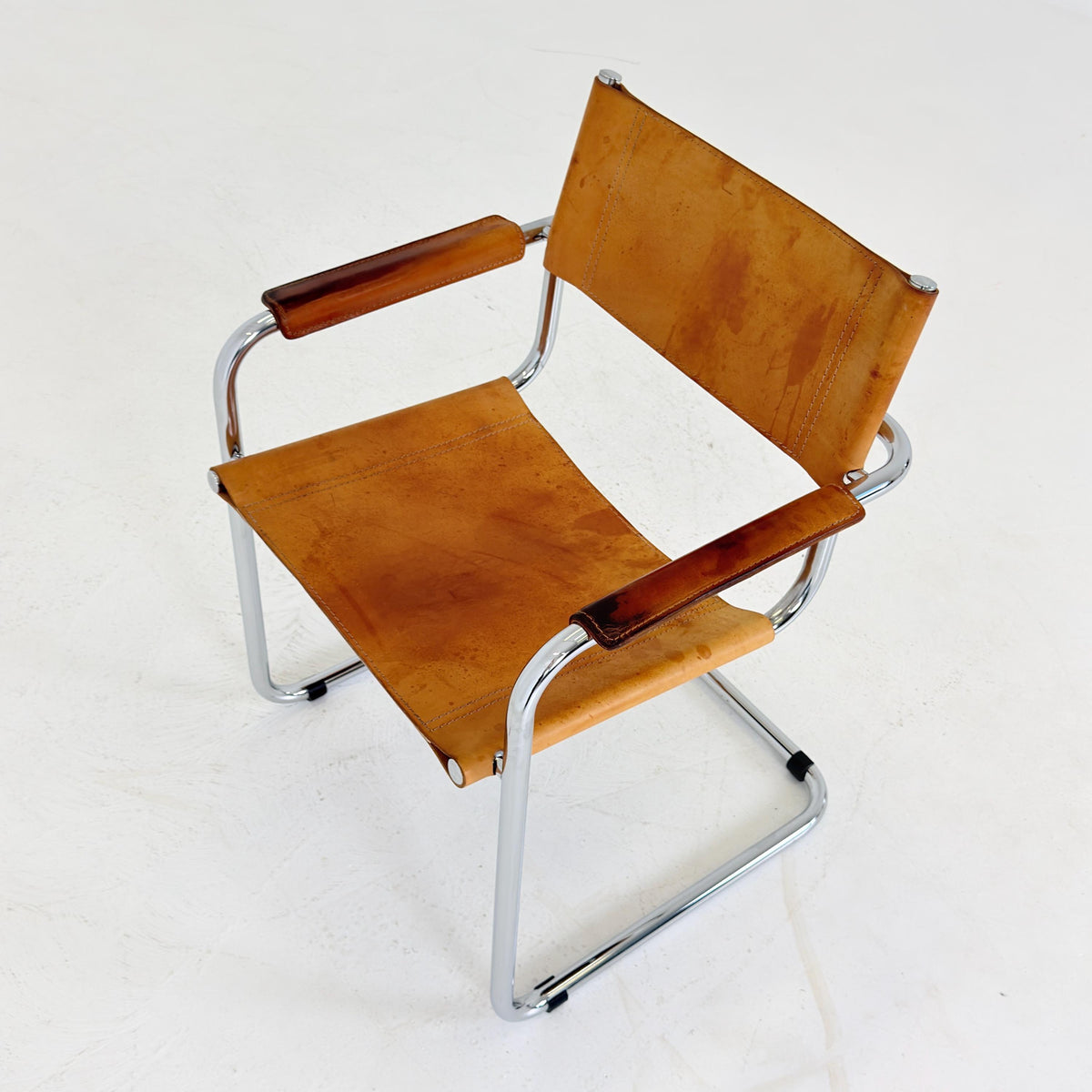 Mid Century S34 Cognac Leather Armchair by Mart Stam, Bauhaus Chrome Chair, Italy 1980s