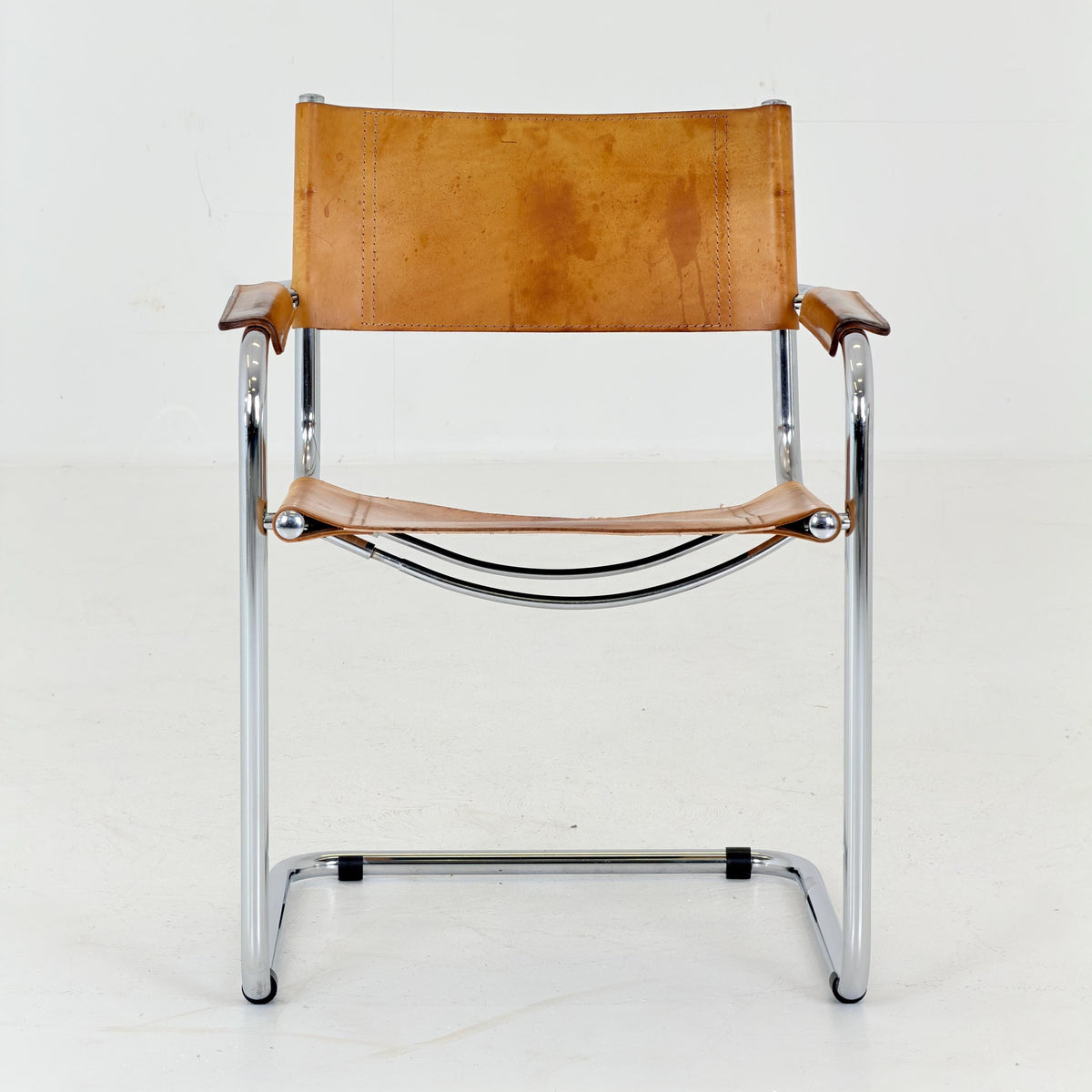 Mid Century S34 Cognac Leather Armchair by Mart Stam, Bauhaus Chrome Chair, Italy 1980s