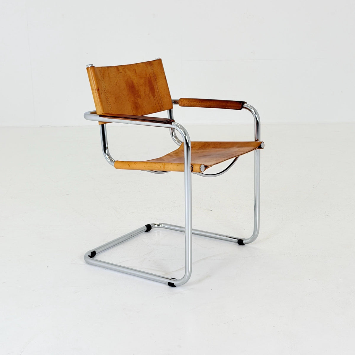 Mid Century S34 Cognac Leather Armchair by Mart Stam, Bauhaus Chrome Chair, Italy 1980s