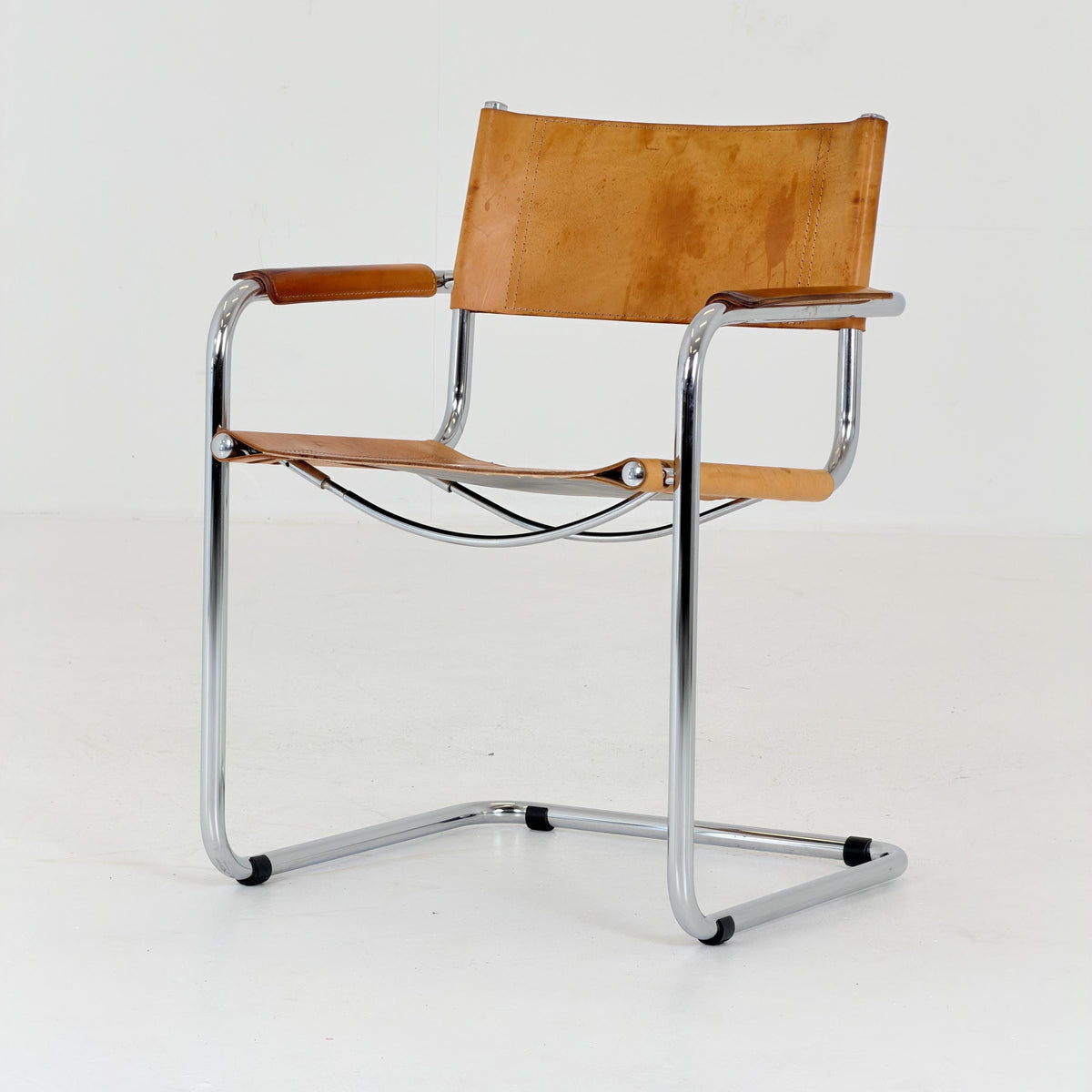 Mid Century S34 Cognac Leather Armchair by Mart Stam, Bauhaus Chrome Chair, Italy 1980s