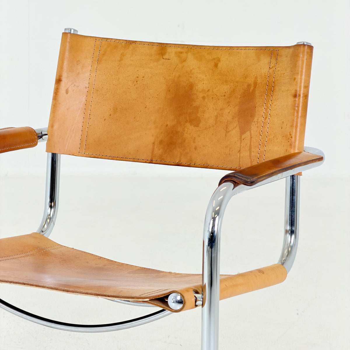 Mid Century S34 Cognac Leather Armchair by Mart Stam, Bauhaus Chrome Chair, Italy 1980s
