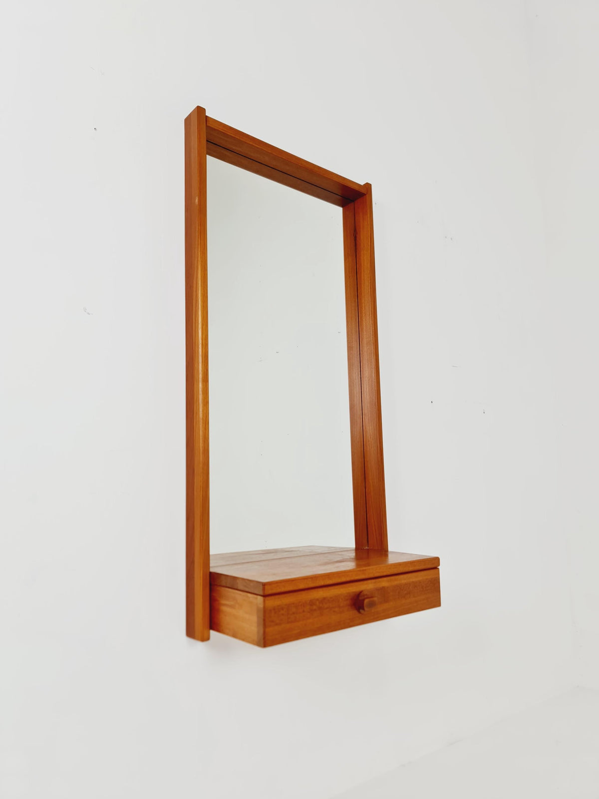 Mid Century Danish Solid Teak Wall Mirror with Drawer BY Roni Sunds For A/S Möbelfabrik , 1960s