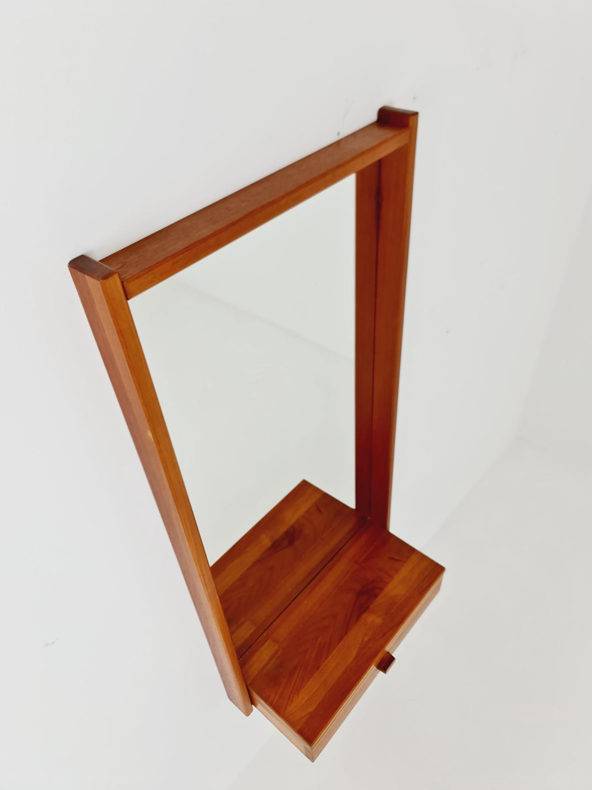 Mid Century Danish Solid Teak Wall Mirror with Drawer BY Roni Sunds For A/S Möbelfabrik , 1960s