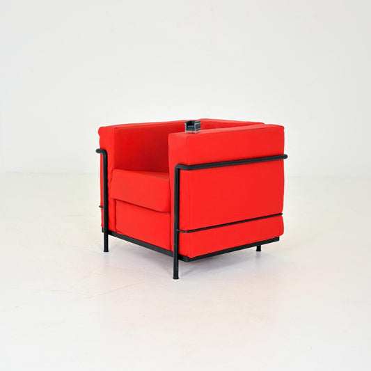 Mid century Cassina LC2 Armchair by Le Corbusier, Perriand & Jeanneret, Red Patterned Leather, Italy , LC2 011404 /1970s