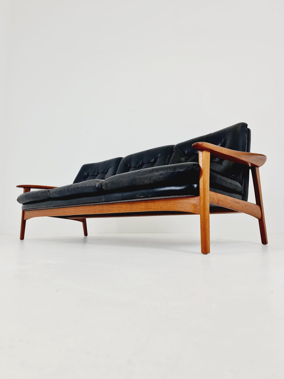 Rare Vintage Mid-Century Modern Teak & Black Leather 3-Seater Sofa